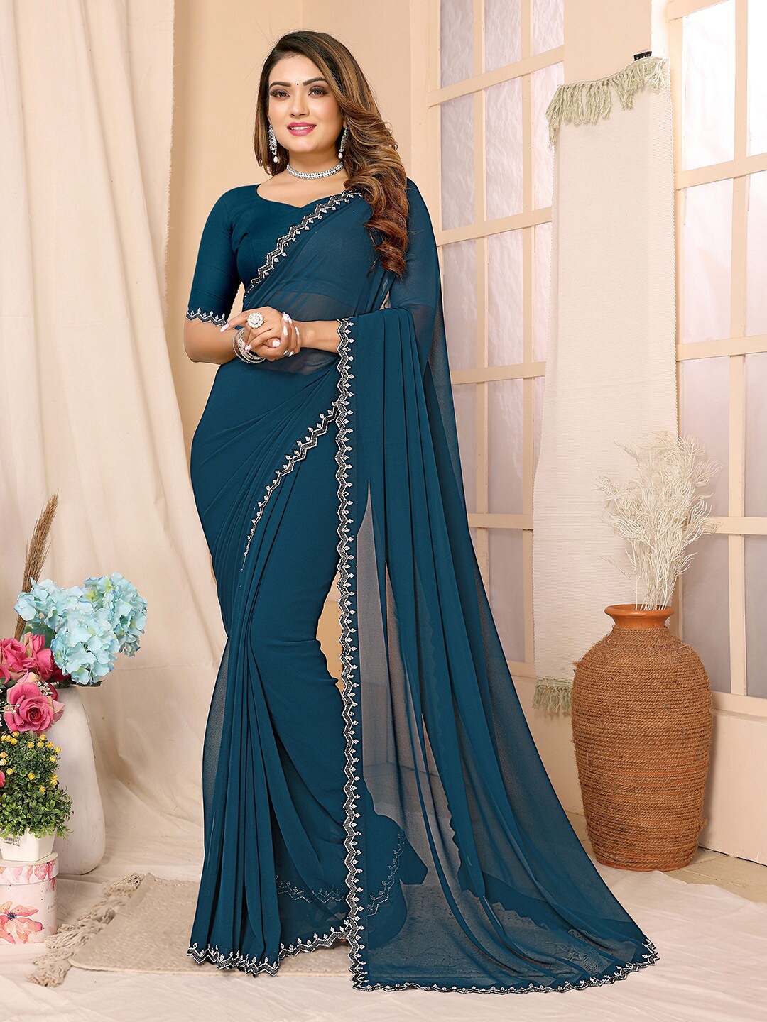 

Sunasi Beads and Stones Pure Georgette Saree, Teal