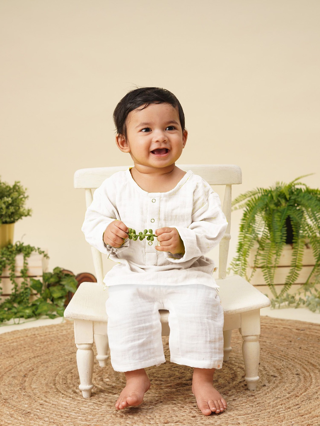 

GREENDIGO Infant Boys White Band Collar Snap Button Organic Cotton Kurta With Pyjamas