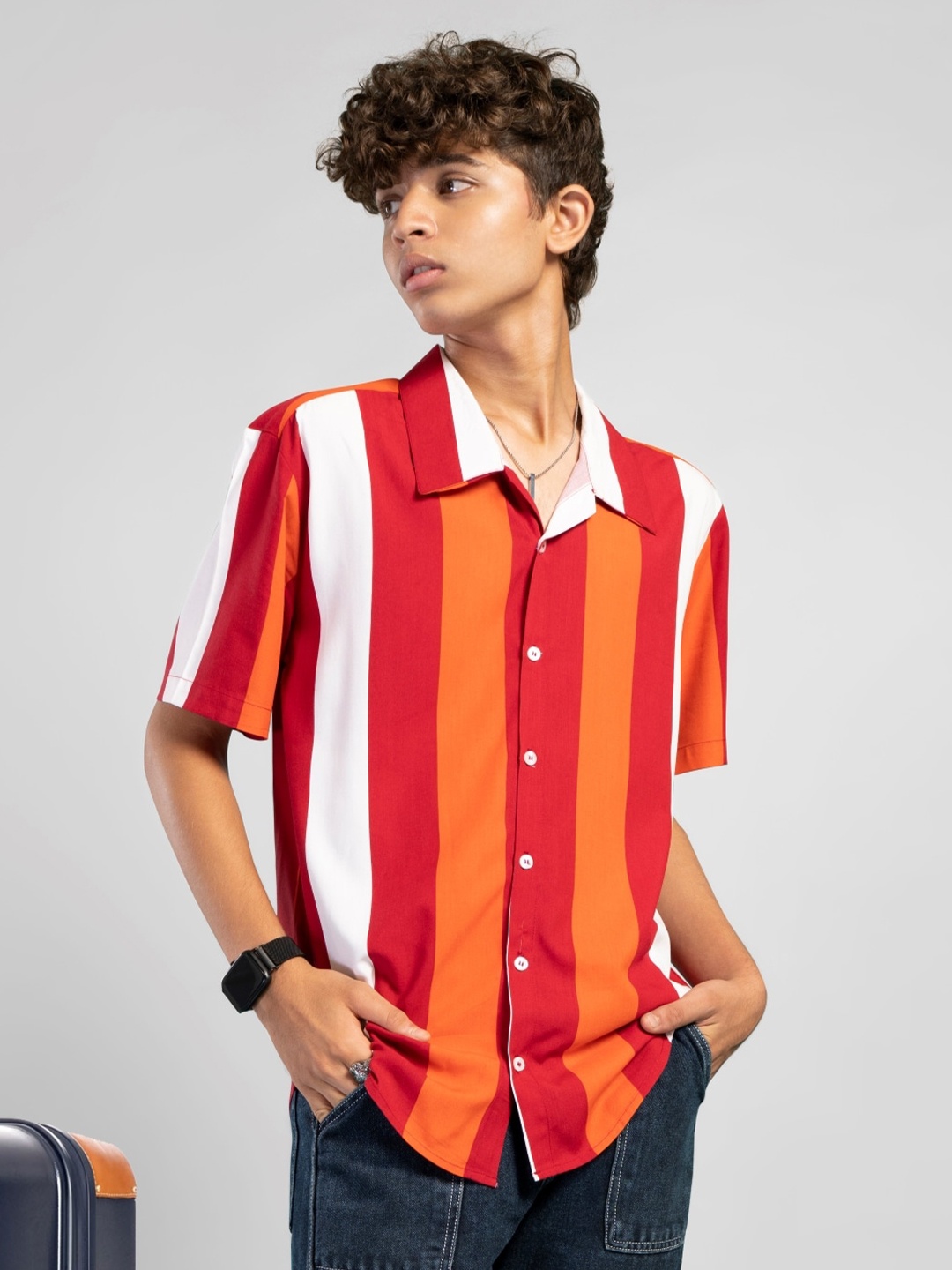

TeenTrums Boys Striped Pure Cotton Oversized Casual Shirt, Red