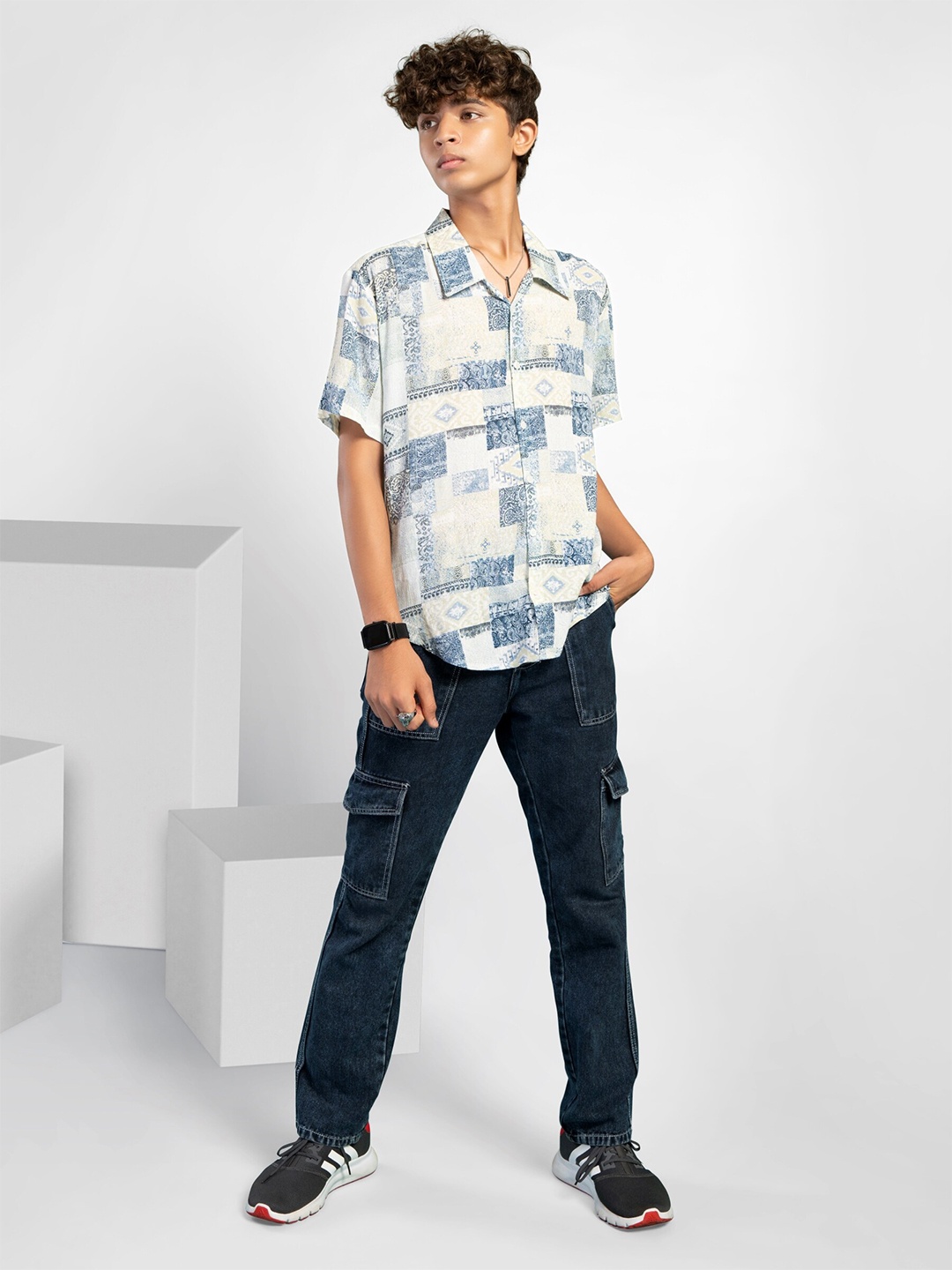 

TeenTrums Boys Abstract Printed Oversized Cotton Casual Shirt, Blue