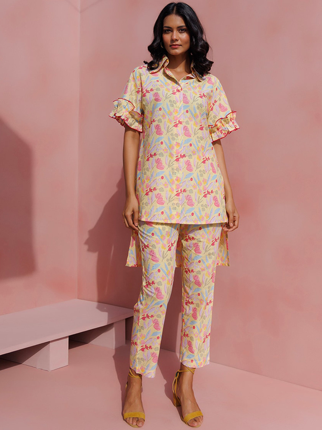 

INDIANIC Printed Pure Cotton High-Low Shirt With Trousers Co-Ords, Yellow