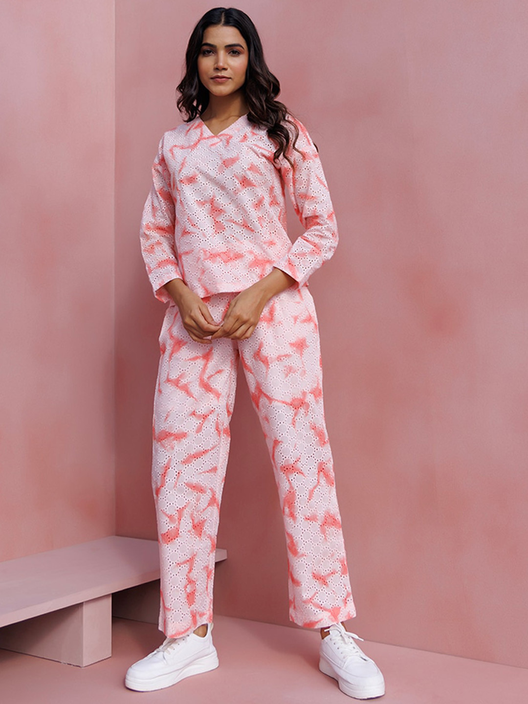 

INDIANIC Self Design V-Neck Pure Cotton Top & Trousers, Peach