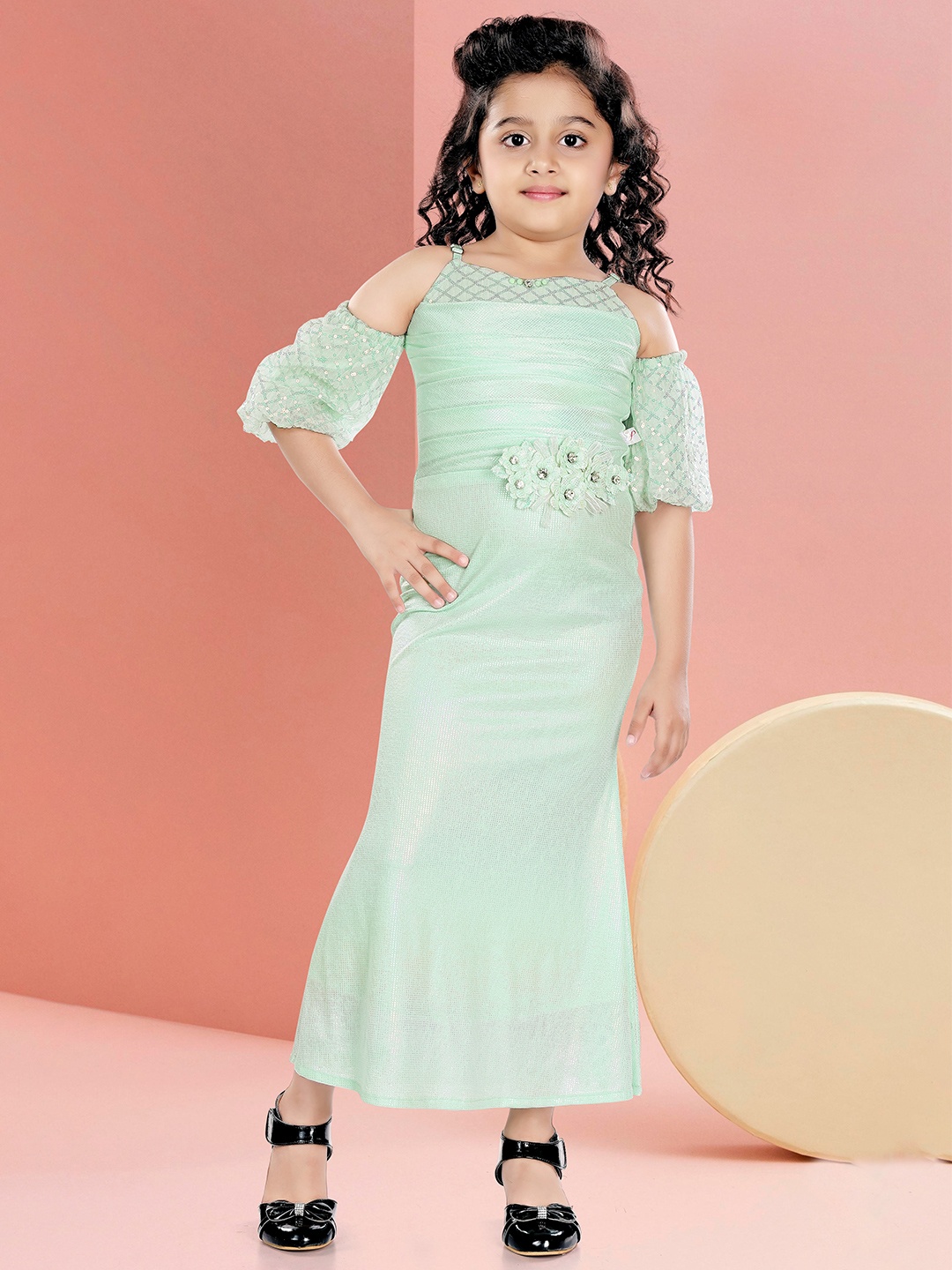

Hunny Bunny Girls Cold Shoulder Sleeves Sequined A-Line Maxi Dress, Green