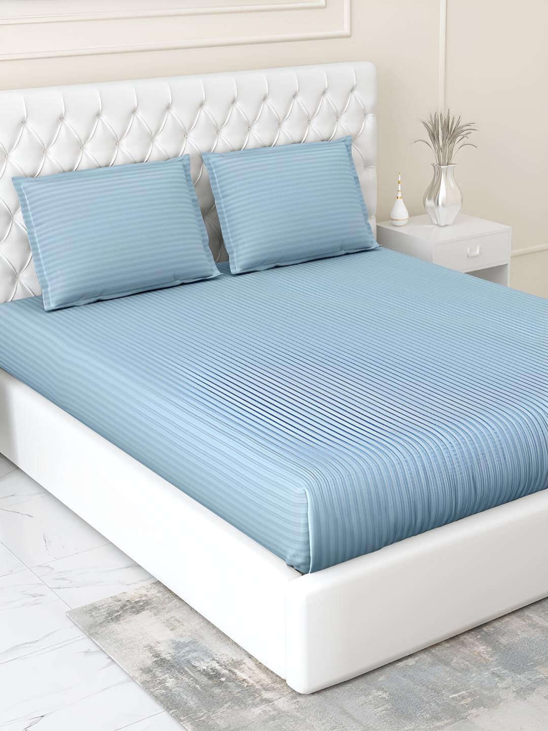 

haus & kinder Blue Striped 210 TC Cotton Queen Bedsheet with 2 Pillow Covers