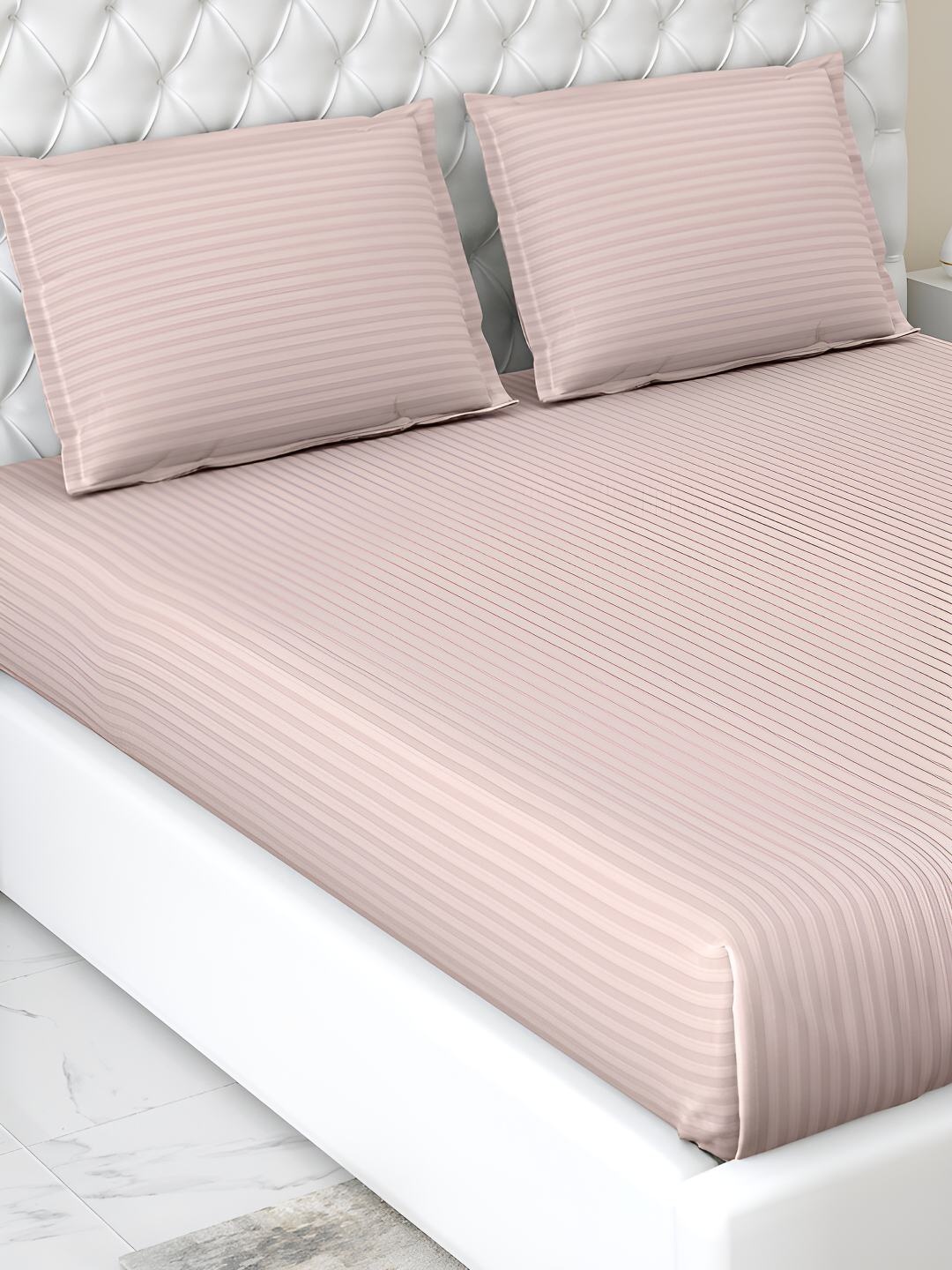 

haus & kinder Pink Striped 210 TC Pure Cotton Queen Bedsheet With 2 Pillow Covers