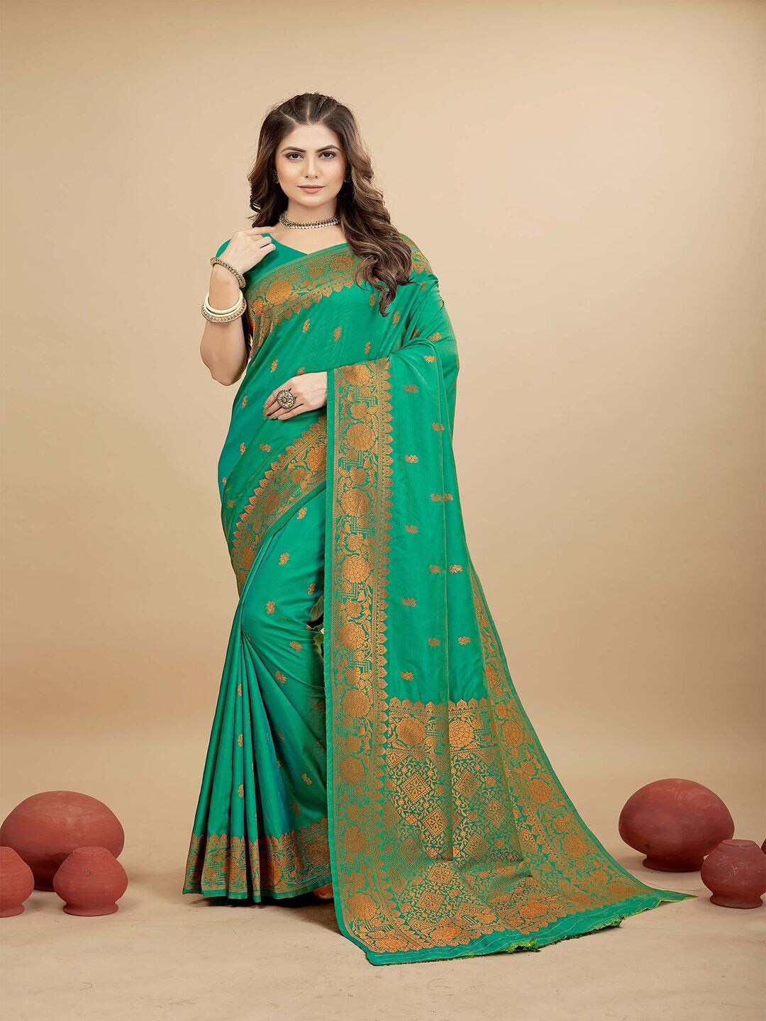 

SGF11 Woven Design Zari Art Silk Heavy Work Kanjeevaram Saree, Sea green