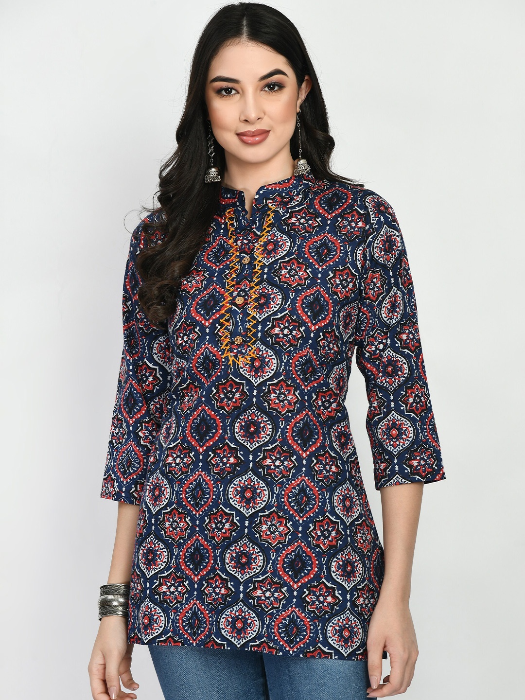 

AnjuShree Choice Mandarin Collar Ethnic Printed Tunic, Navy blue