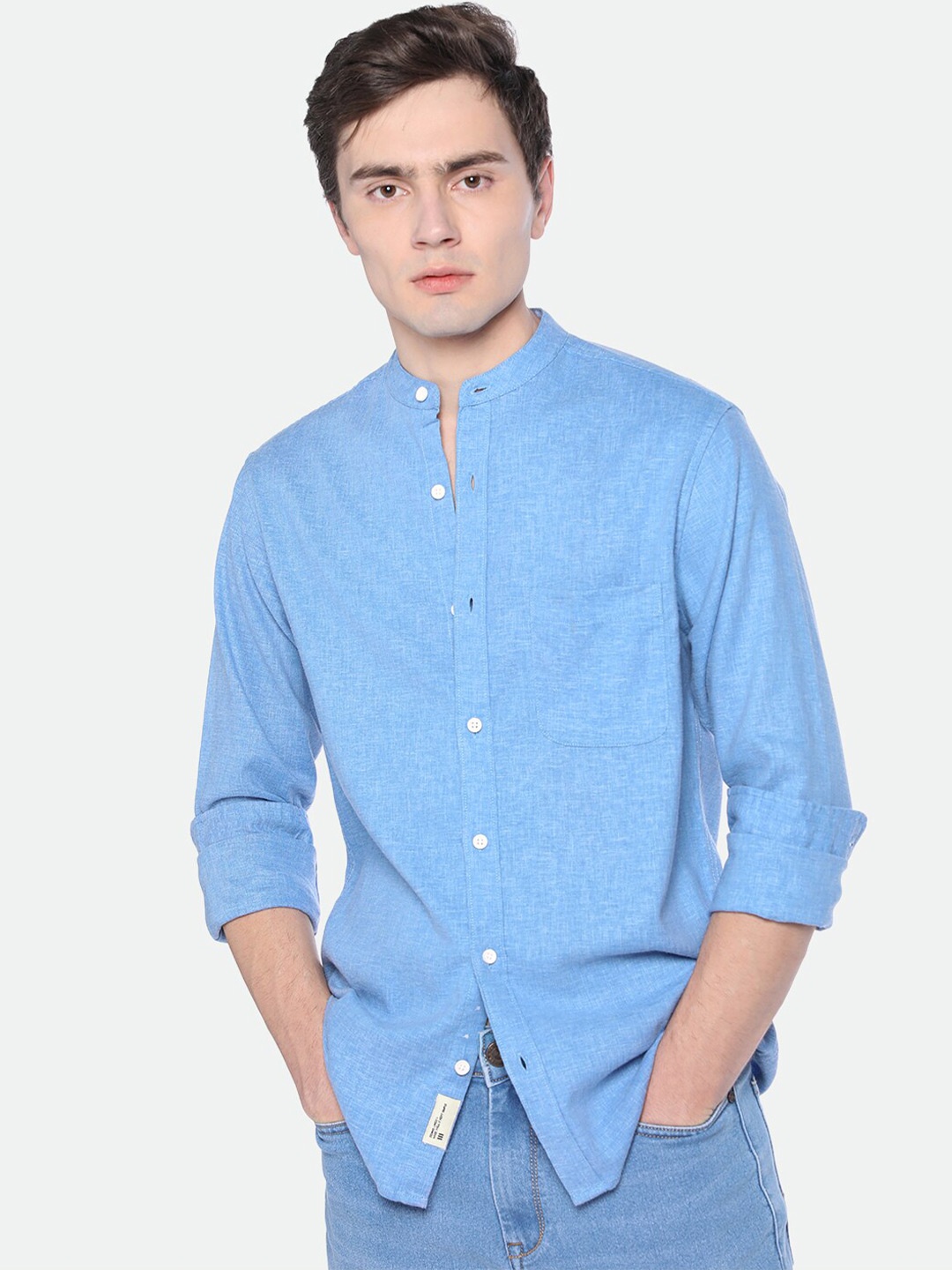 

Dennis Lingo Mandarin Collar Cotton Casual Shirt, Blue