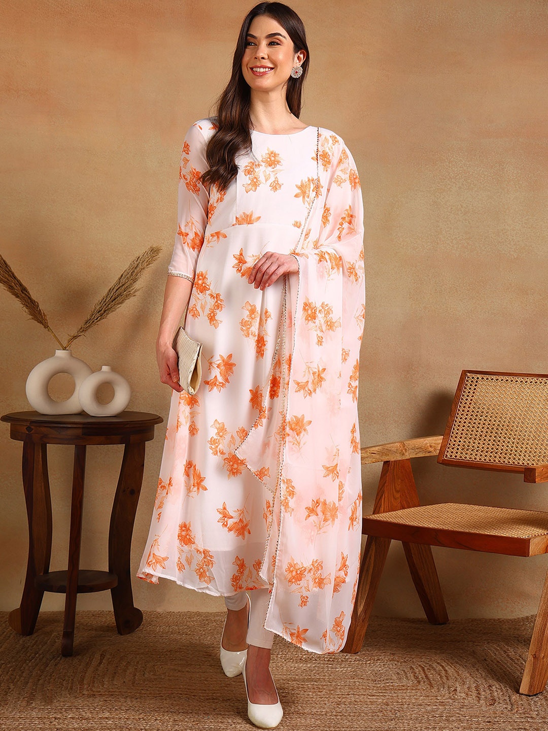 

DSK STUDIO Floral Printed Boat Neck Three-Quarter Sleeves Anarkali Kurta with Dupatta, Orange