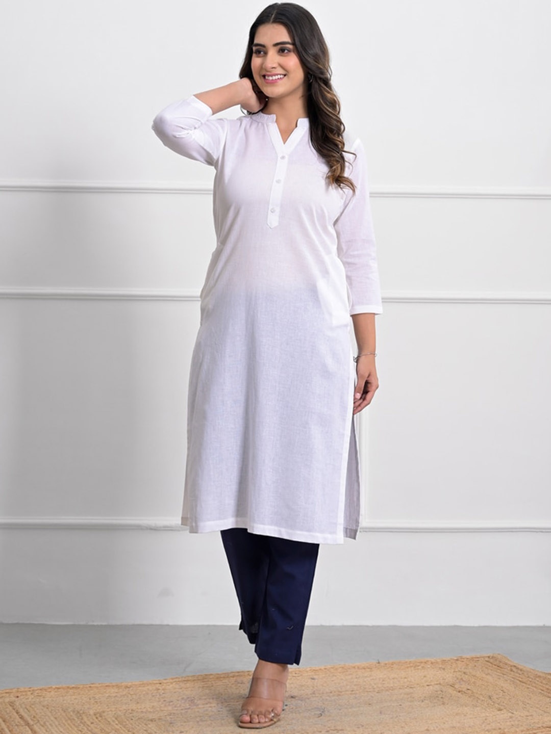 

Jaipuri Adaah Mandarin Collar Calf Length Cotton Straight Kurta, White