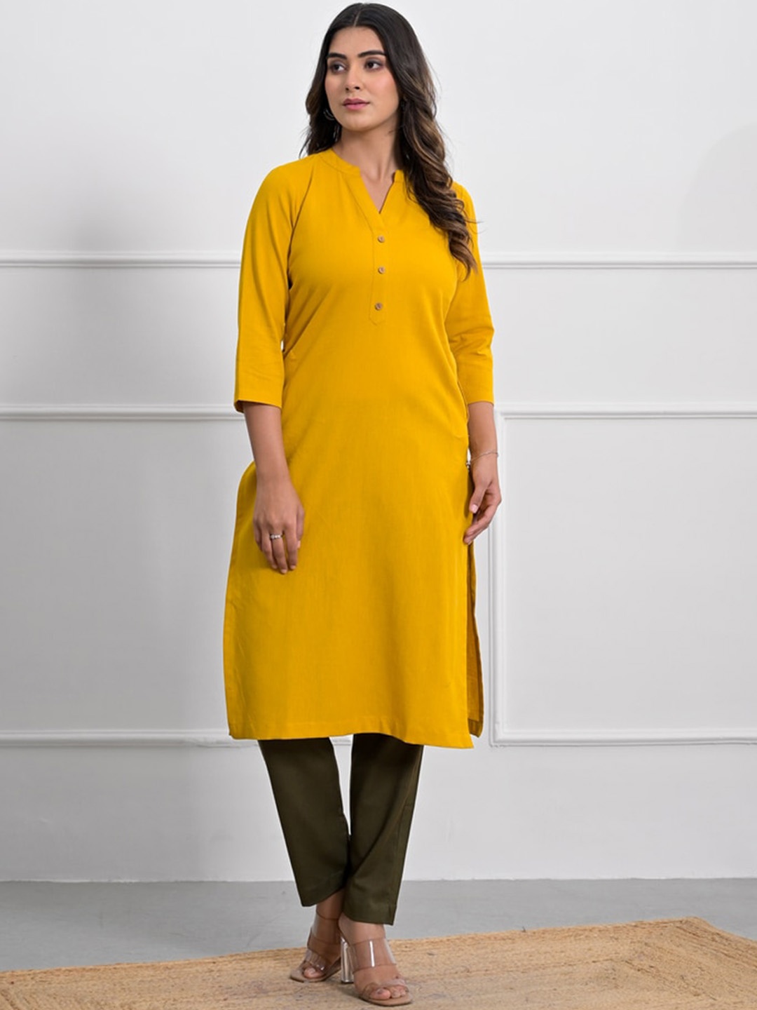 

Jaipuri Adaah V Neck Linen Straight Kurta, Mustard