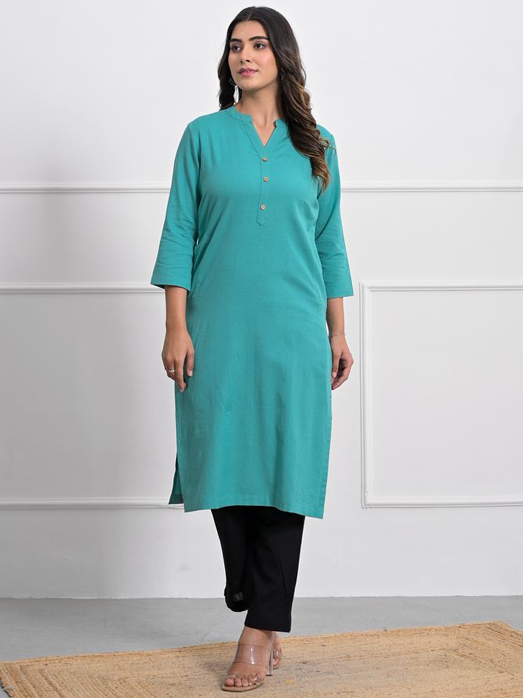 

Jaipuri Adaah V Neck Linen Straight Kurta, Blue