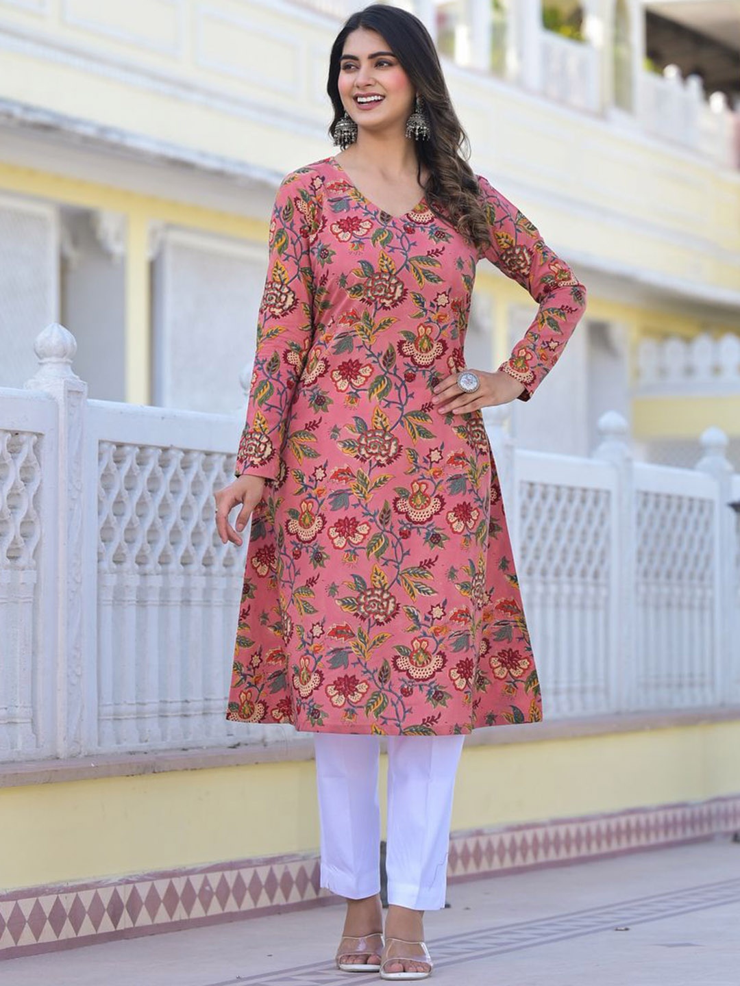 

Jaipuri Adaah Paisley Embroidered Block Printed A Line Kurta, Peach