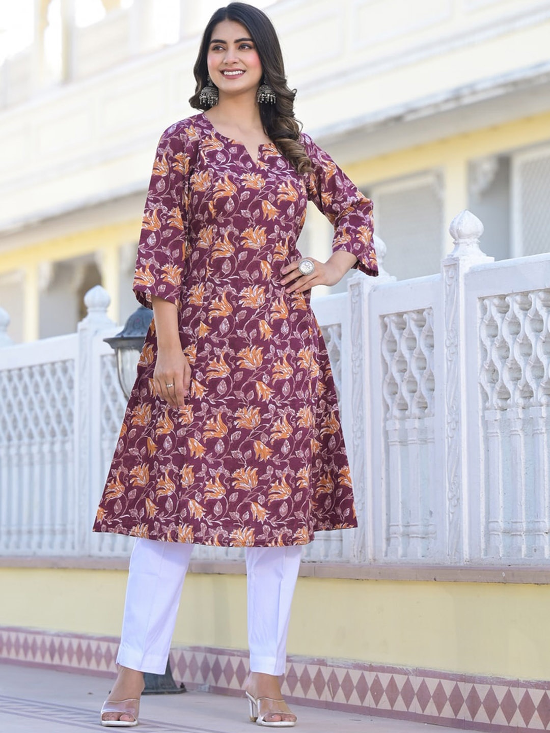 

Jaipuri Adaah Floral Printed Notch Neck Cotton A Line Kurta, Magenta