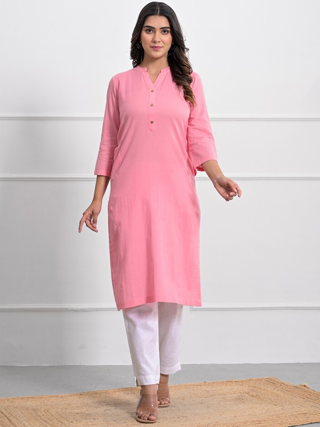 

Jaipuri Adaah Mandarin Collar Calf Length Cotton Straight Kurta, Pink