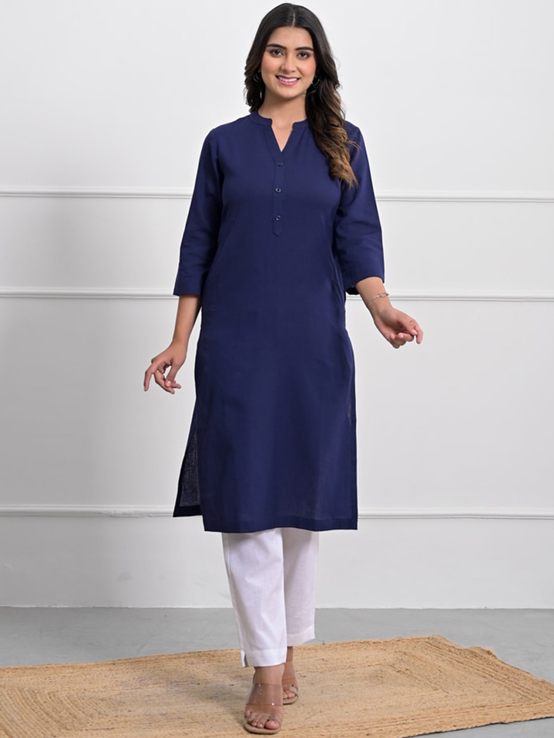 

Jaipuri Adaah V Neck Linen Straight Kurta, Blue