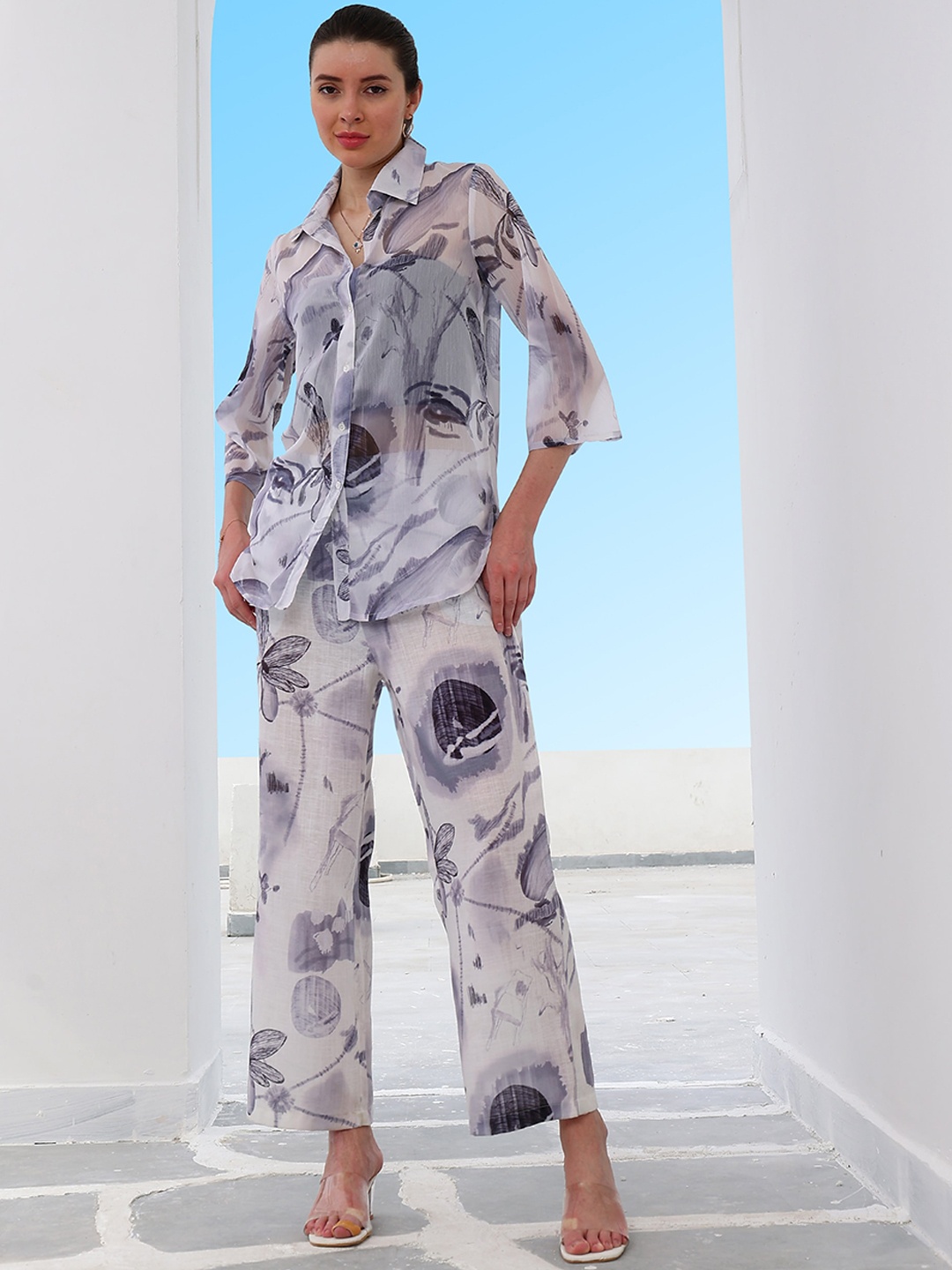 

Boho By Athena Floral Printed Sheer Shirt With Trousers Co-Ords, White