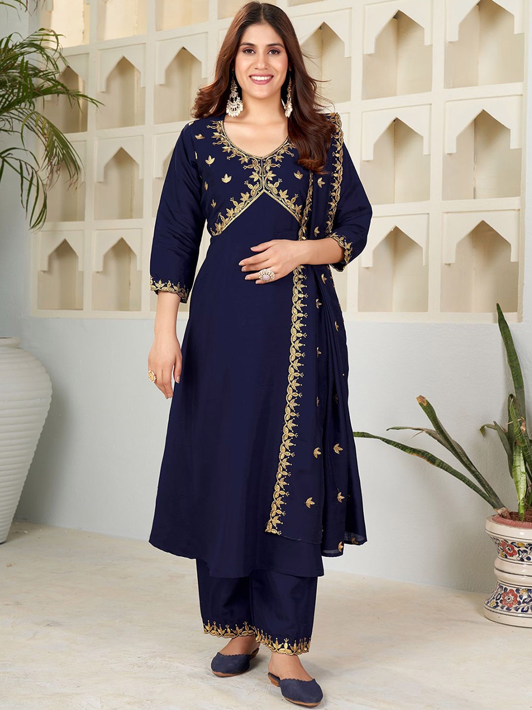 

KALINI Ethnic Motifs Embroidered Thread Work Anarkali Kurta With Palazzos & Dupatta, Blue