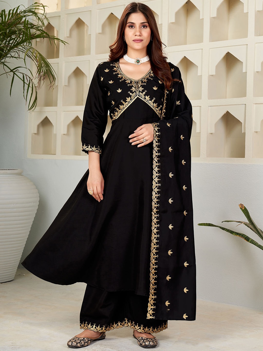 

KALINI Women Ethnic Motifs Embroidered Regular A Line Kurta With Palazzos & Dupatta, Black