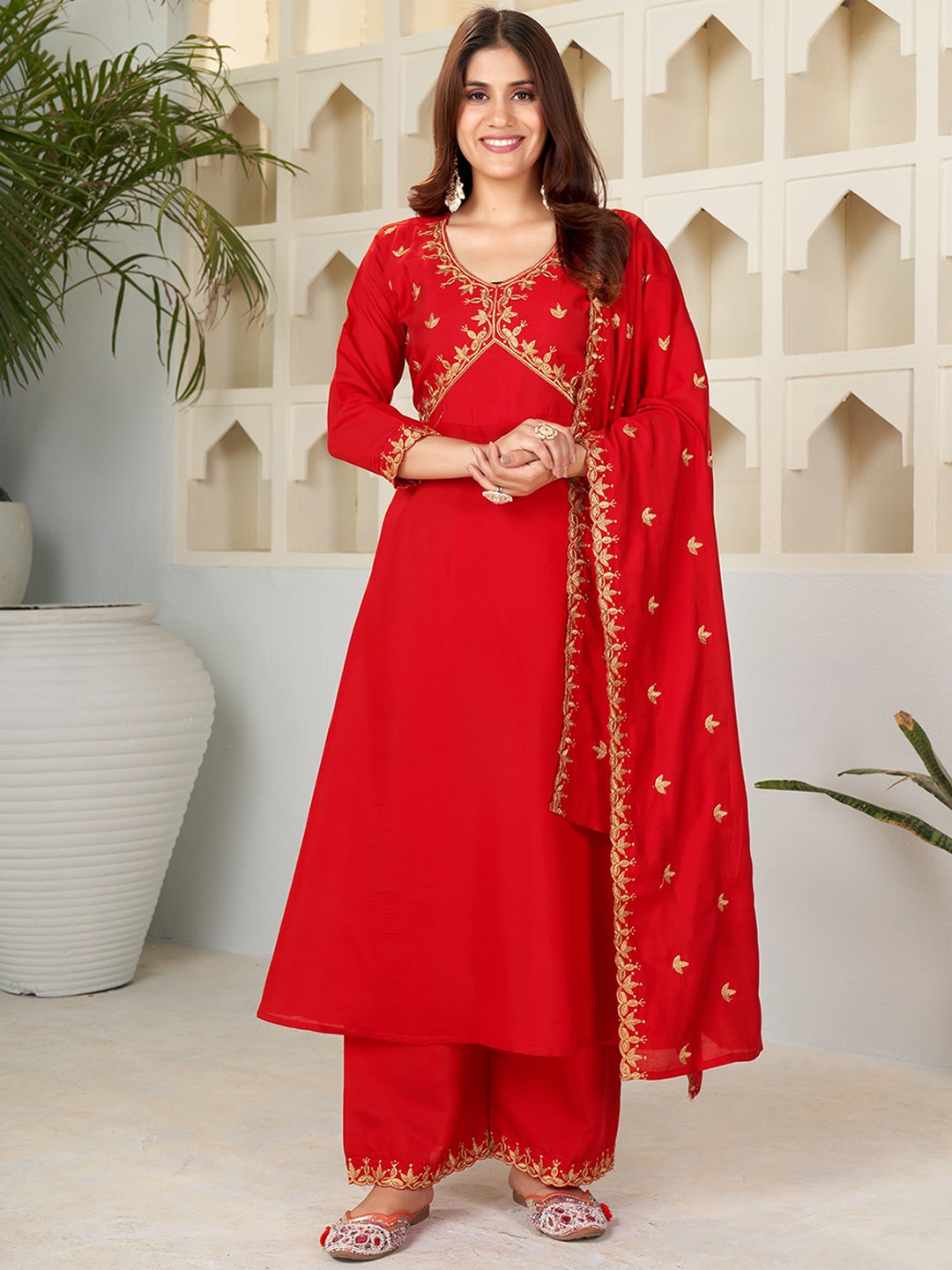 

KALINI Ethnic Motifs Embroidered Regular A Line Kurta With Palazzos & Dupatta, Red