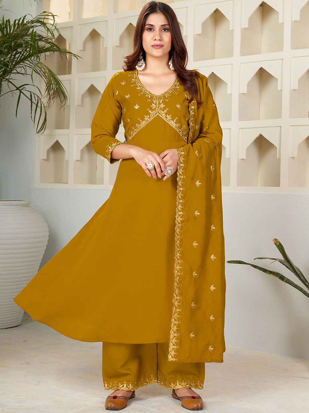 

KALINI Ethnic Motifs Embroidered Regular A Line Kurta With Palazzos & Dupatta, Yellow