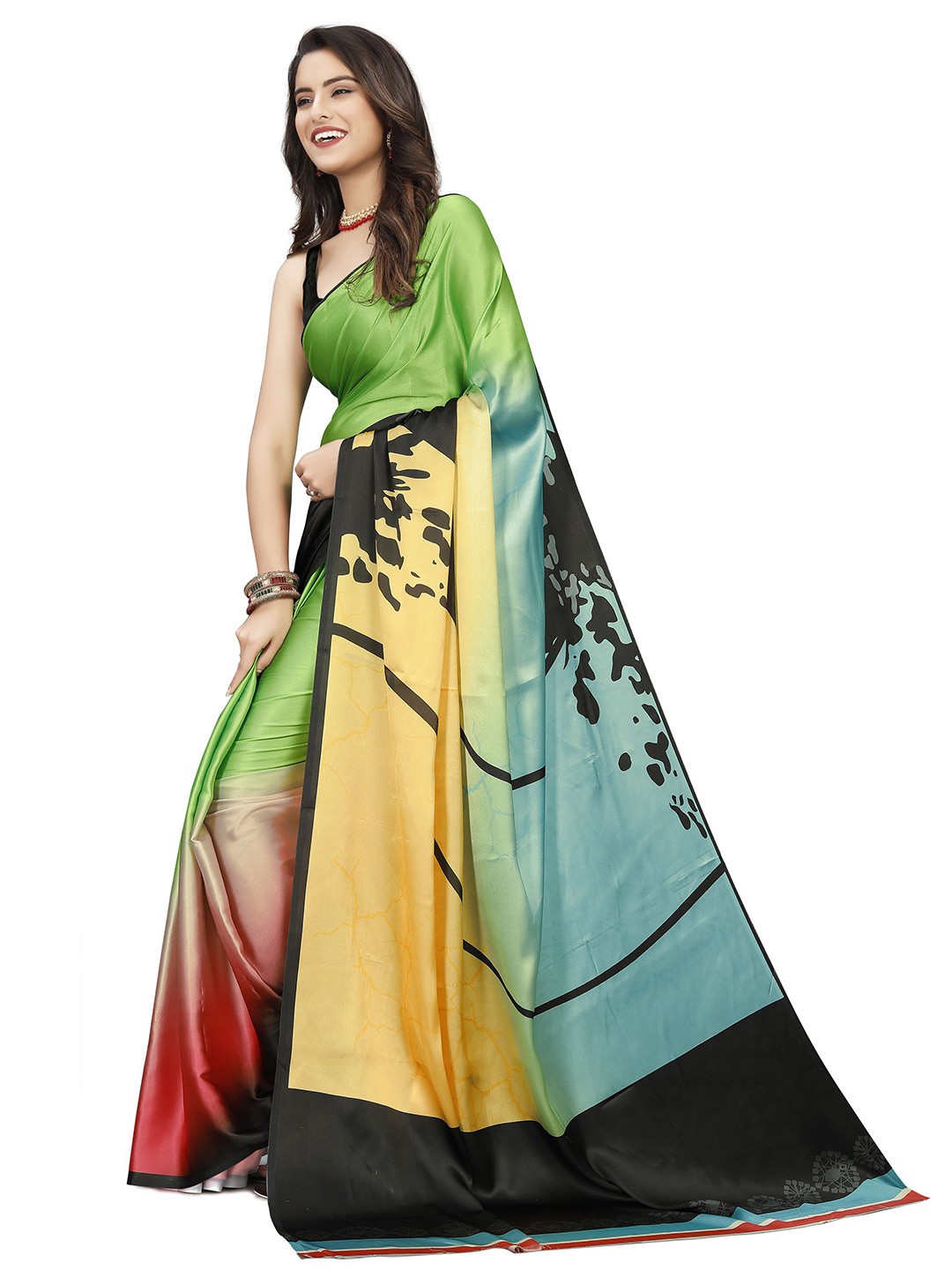 

Mitera Colourblocked Satin Saree, Green