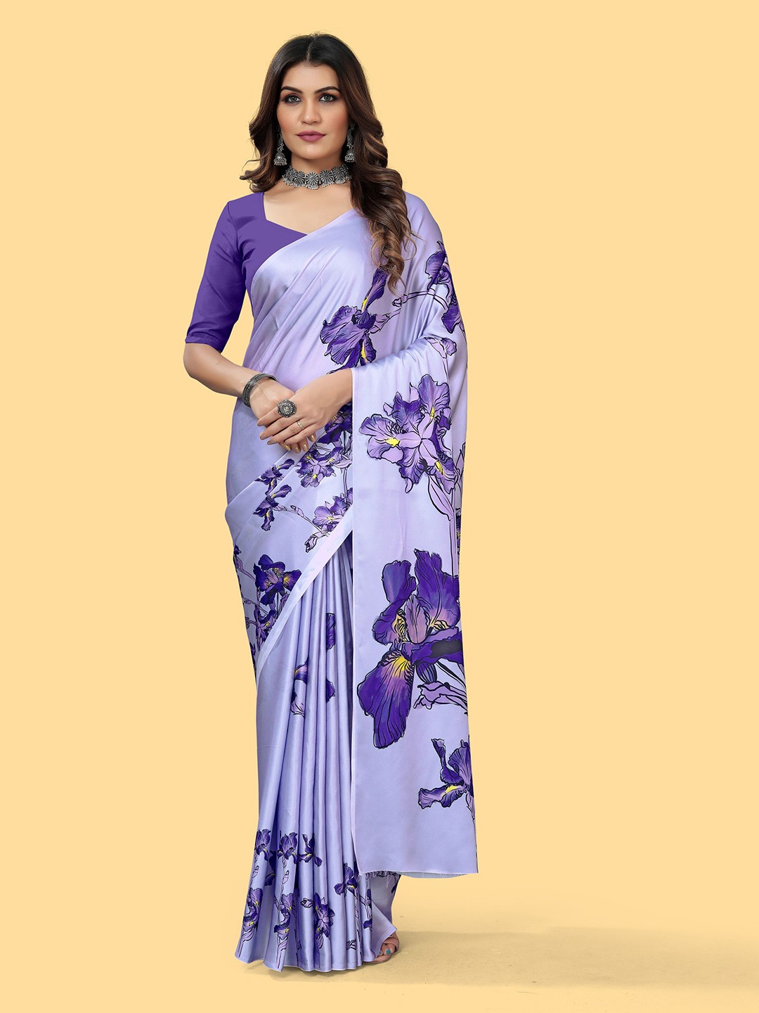 

Mitera Floral Satin Saree, Purple