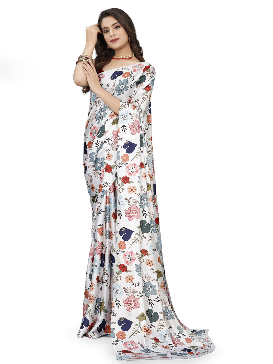 

Mitera Floral Satin Saree, White