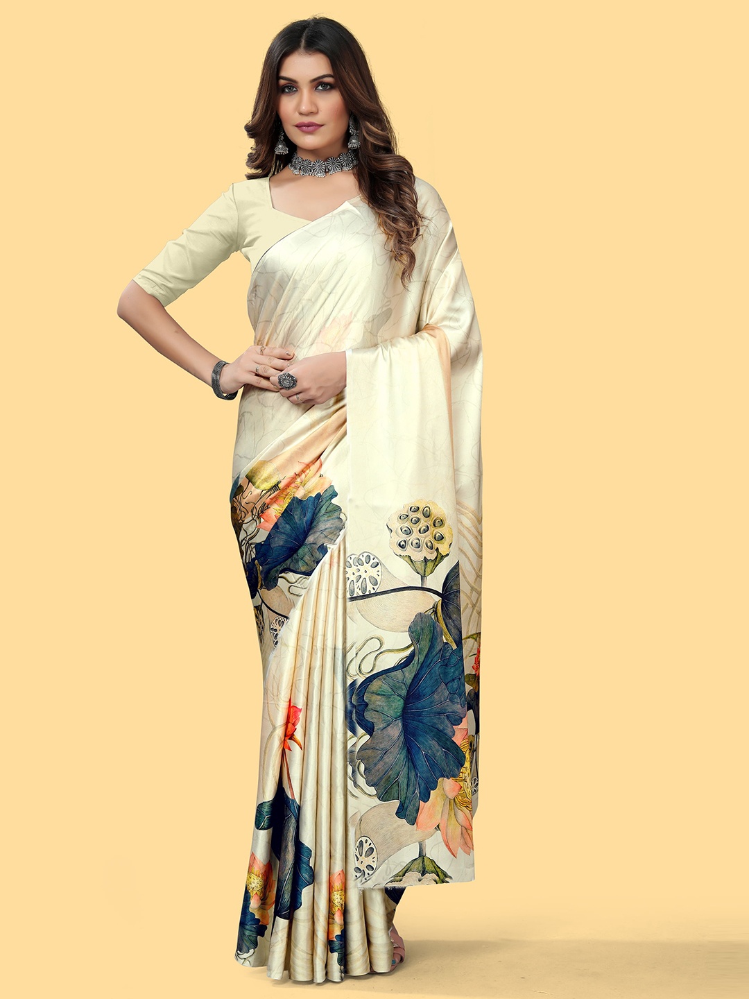 

Mitera Floral Satin Saree, Beige