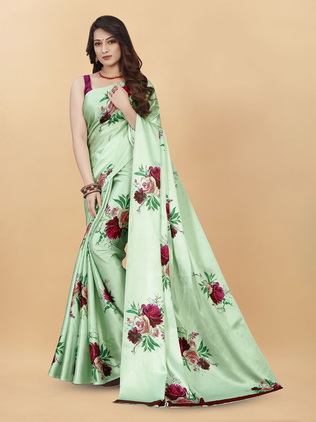 

Mitera Floral Satin Saree, Olive