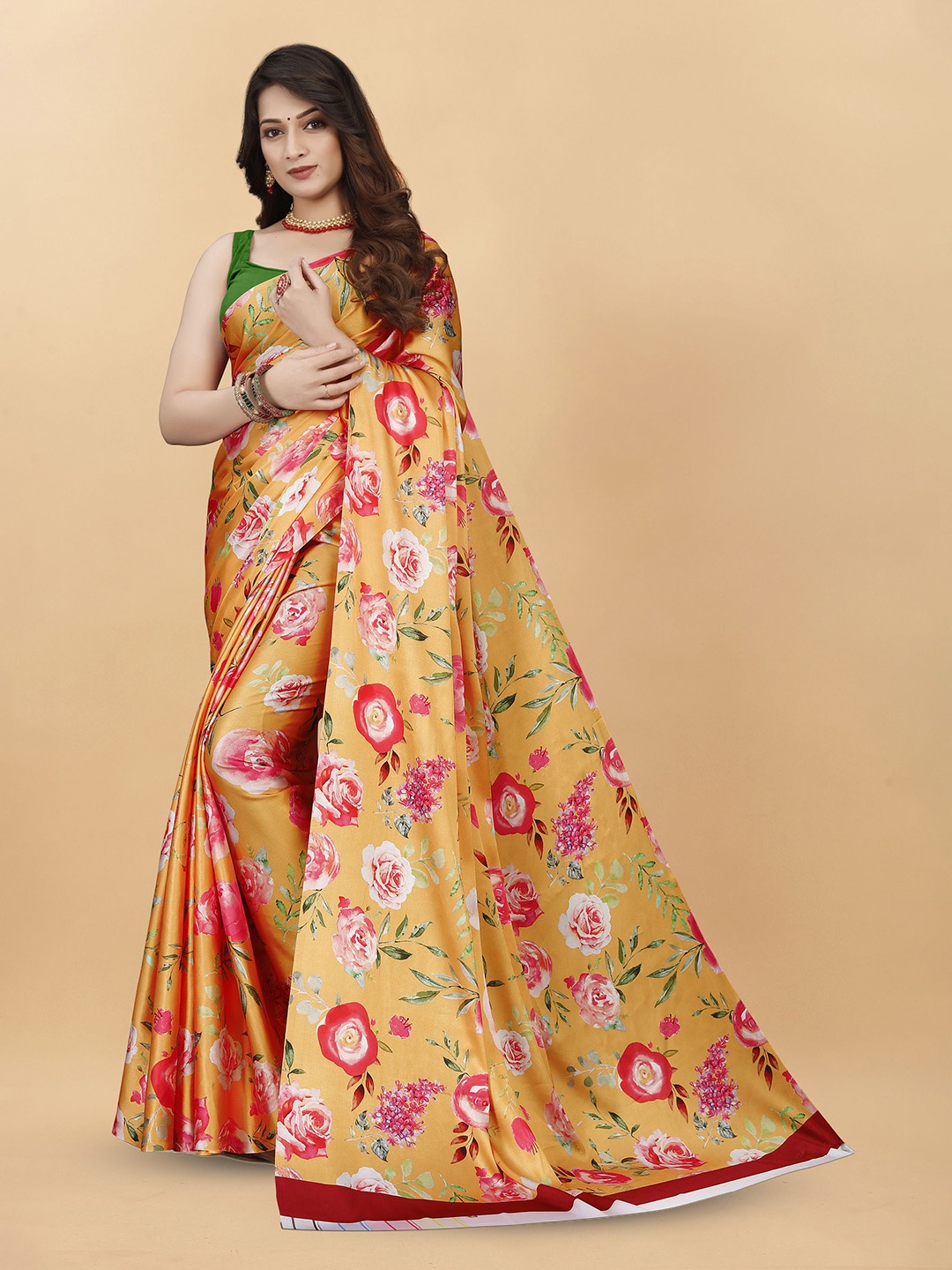 

Mitera Floral Satin Saree, Orange