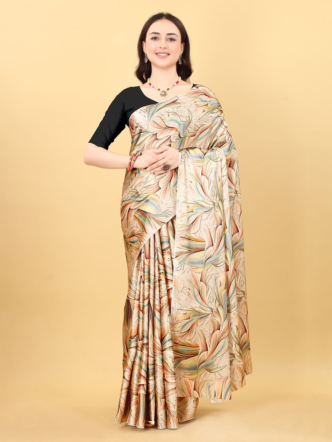 

Mitera Floral Satin Saree, Cream