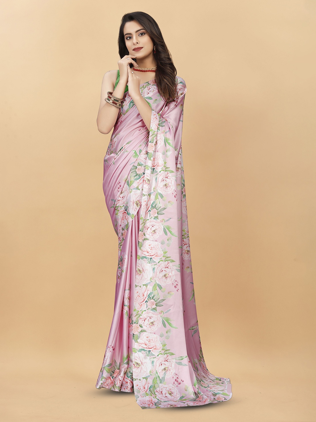 

Mitera Floral Satin Saree, Peach