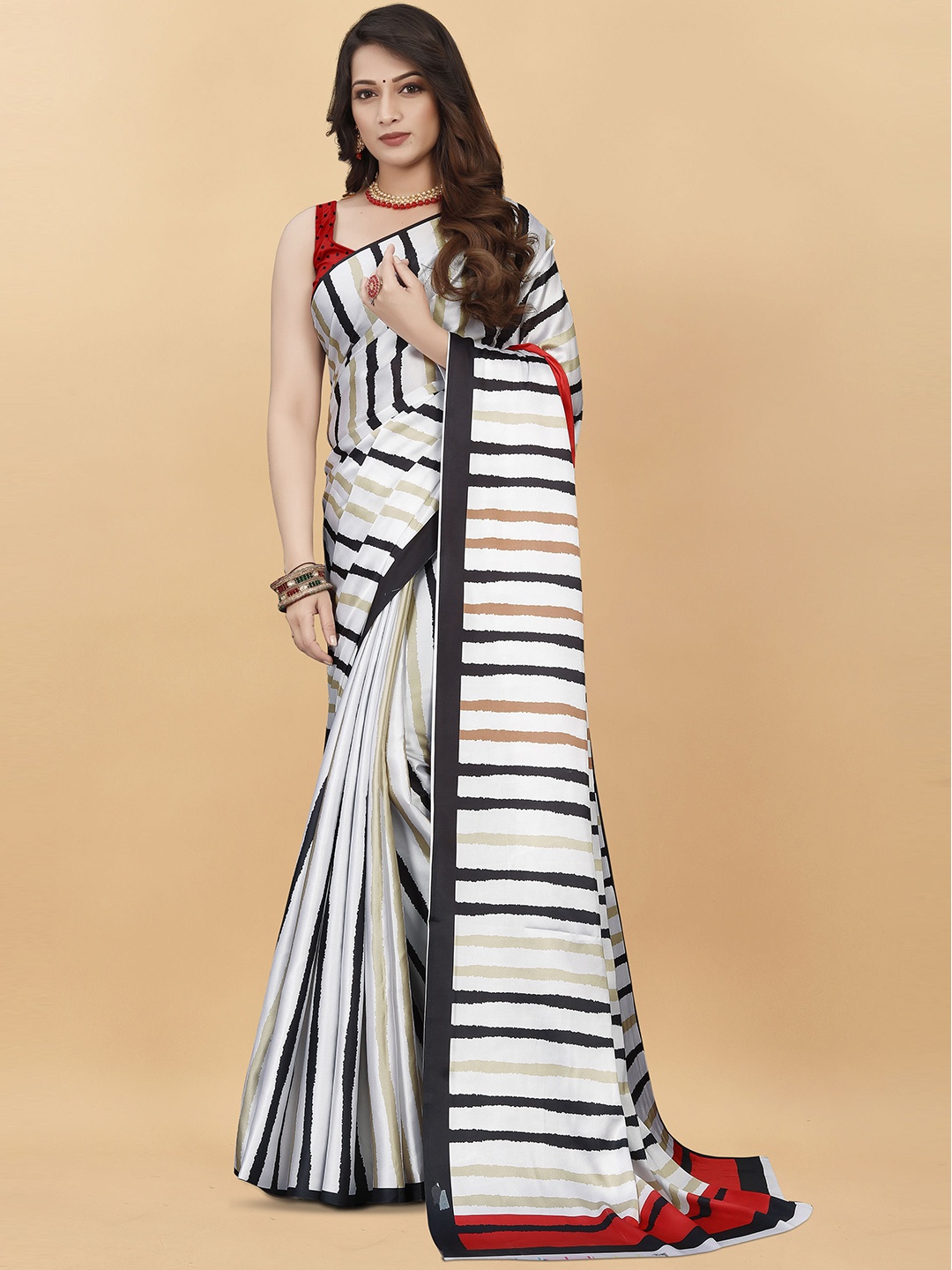 

Mitera Striped Satin Saree, White