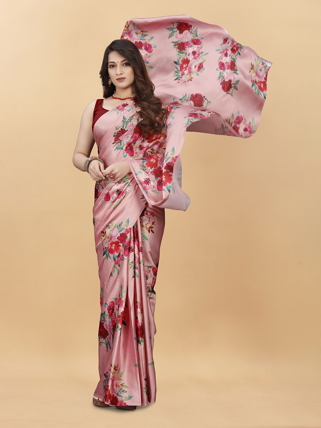 

Mitera Floral Satin Saree, Peach