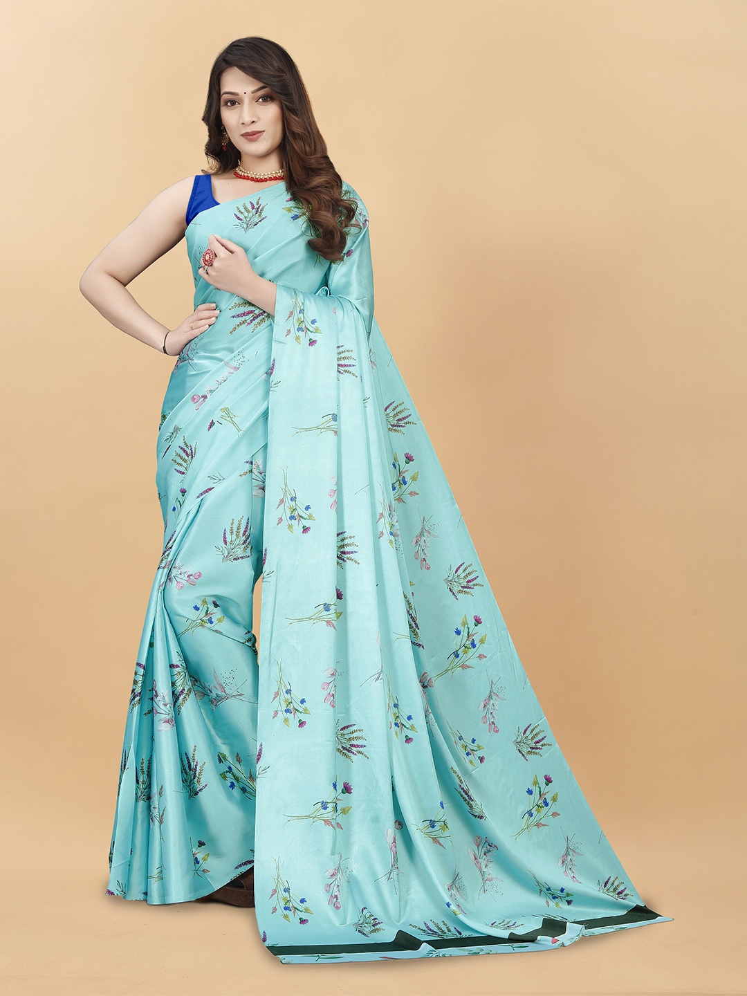 

Mitera Floral Satin Saree, Turquoise blue