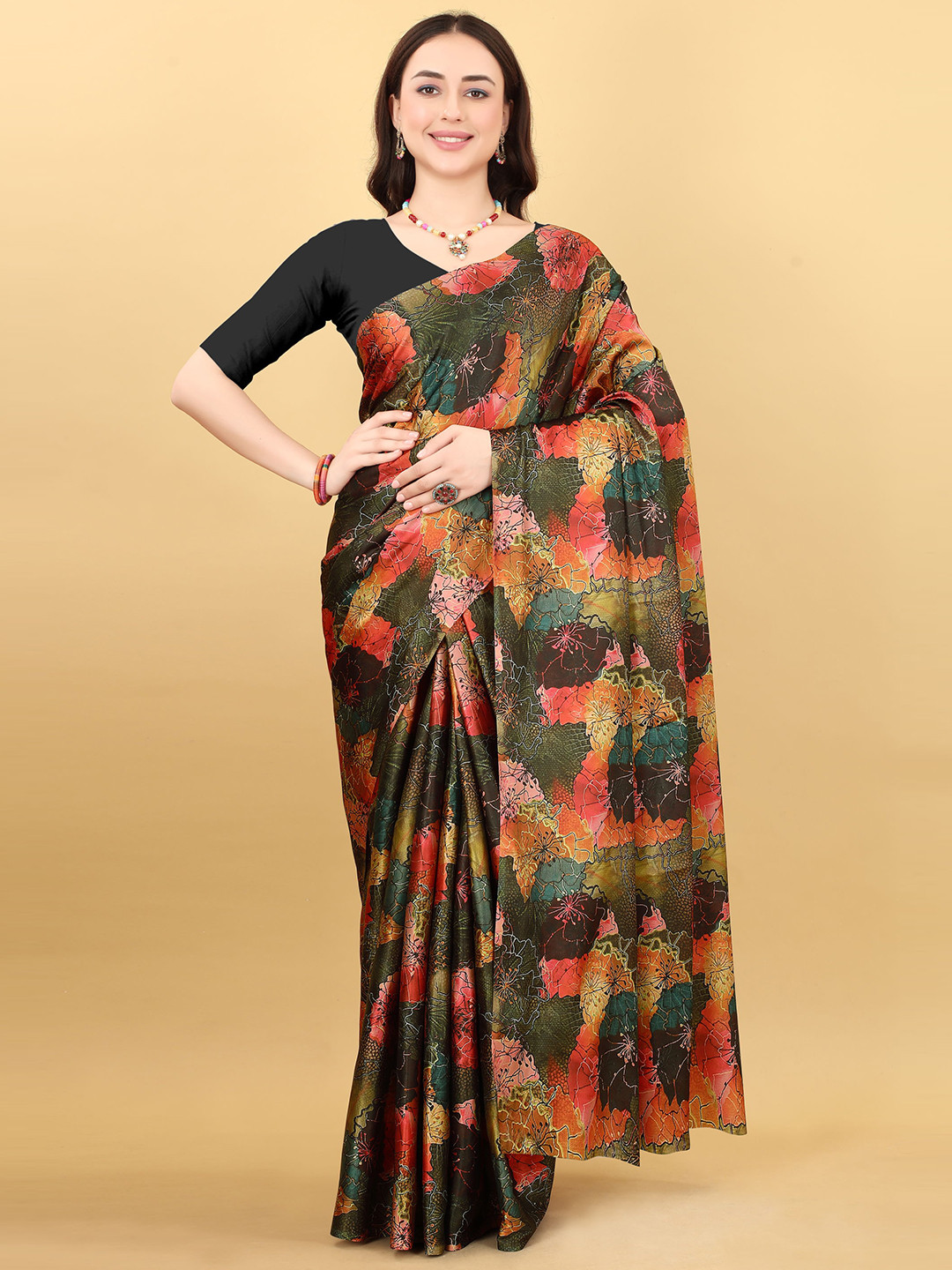 

Mitera Floral Satin Saree, Green