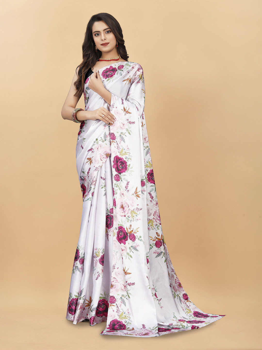 

Mitera Floral Satin Saree, White