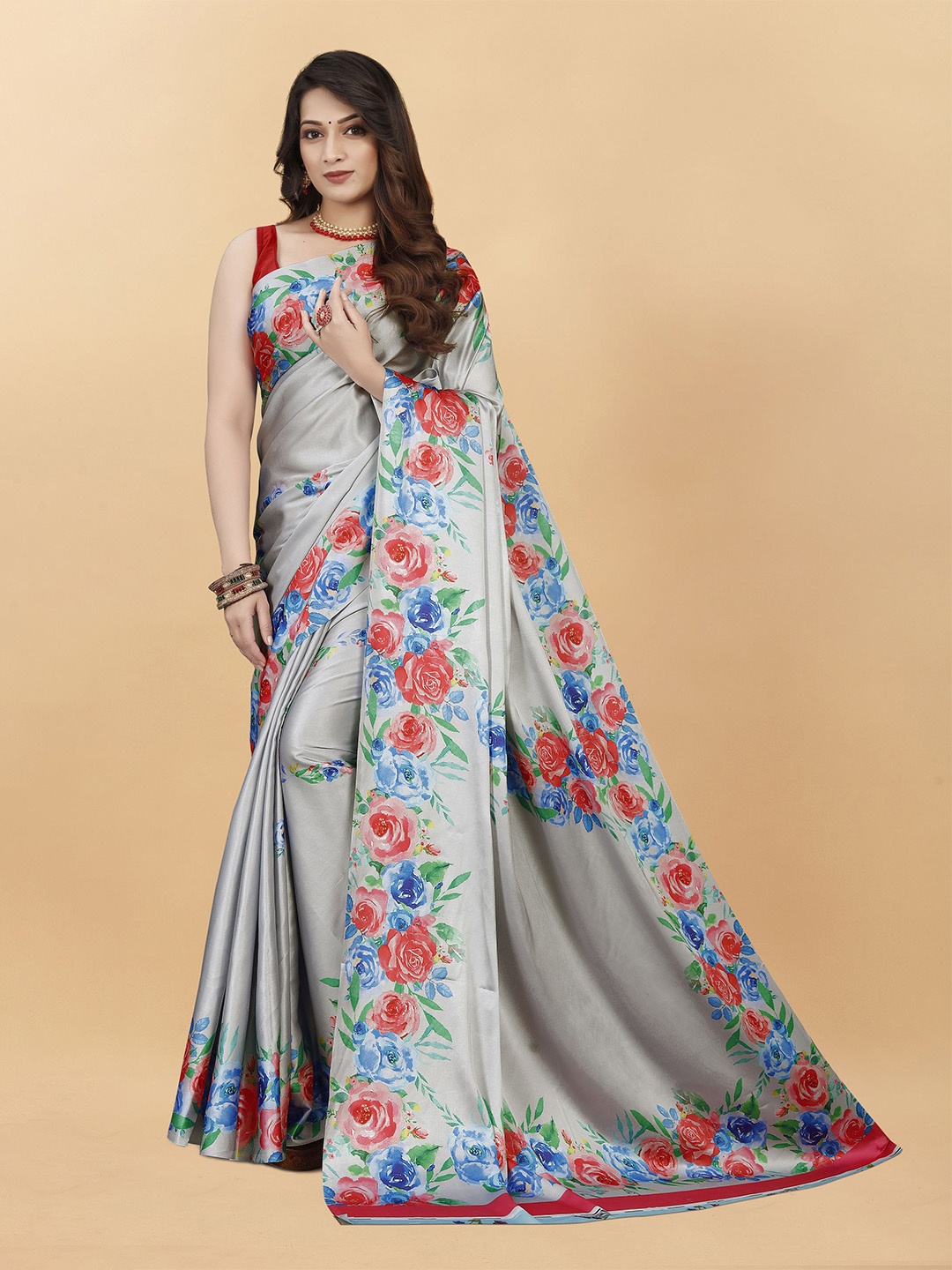 

Mitera Floral Satin Saree, Grey