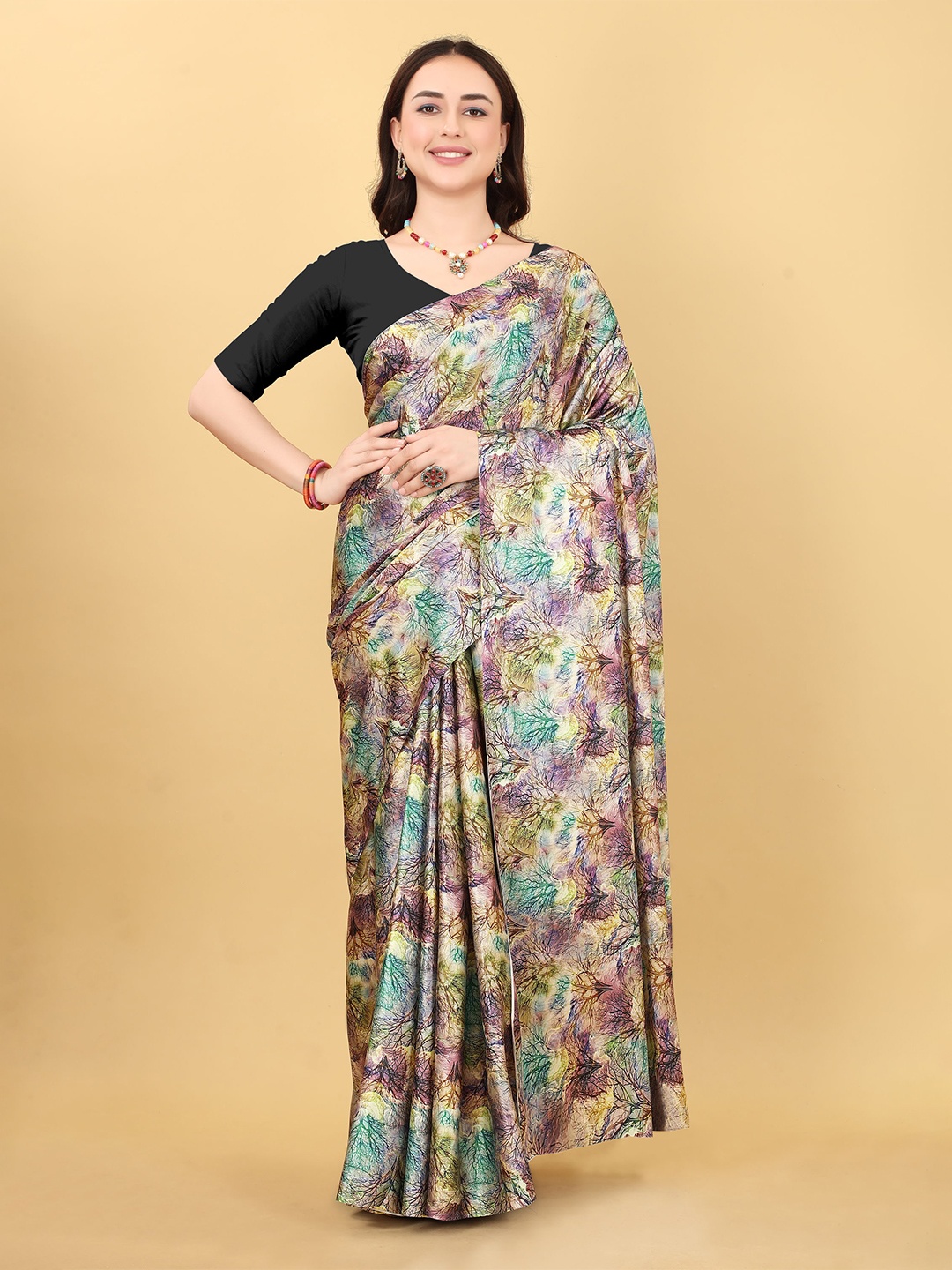 

Mitera Floral Satin Saree, Purple