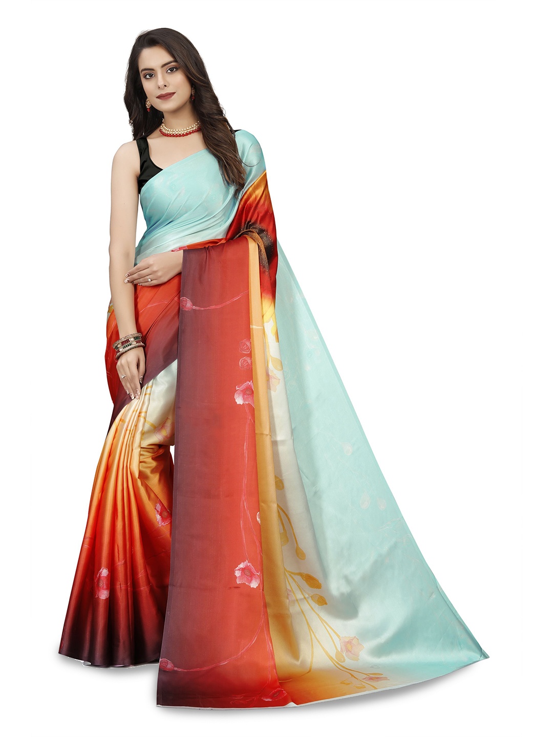 

Mitera Colourblocked Satin Saree, Red