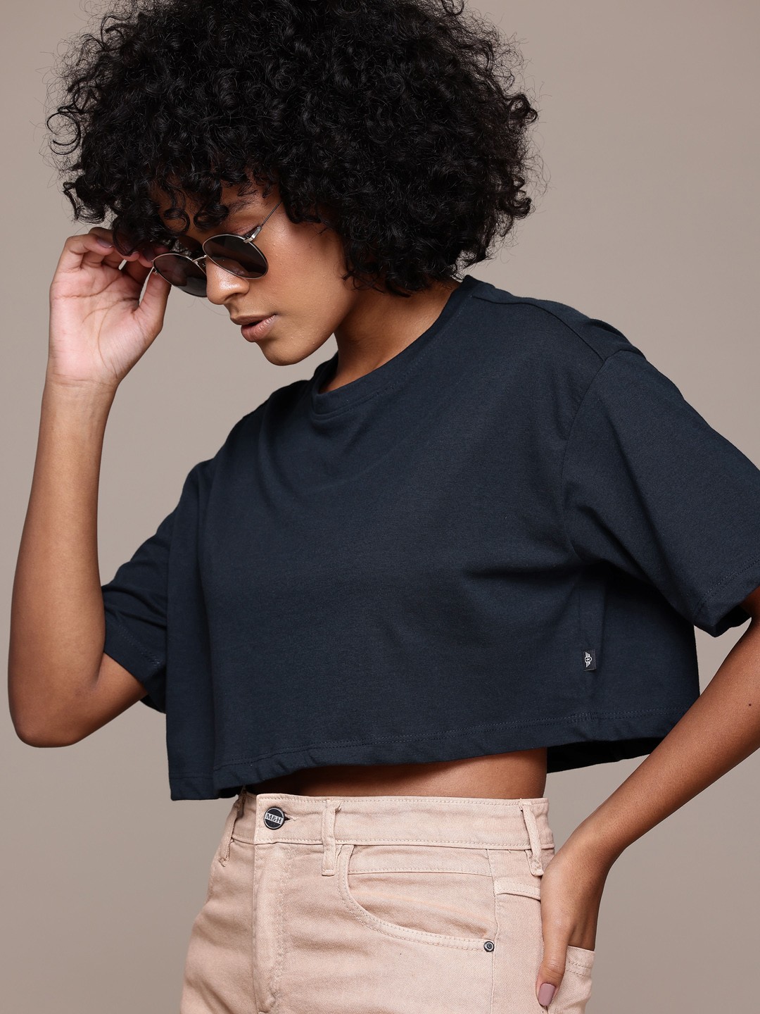 

Roadster Drop-Shoulder Sleeves Crop Boxy T-shirt, Navy blue