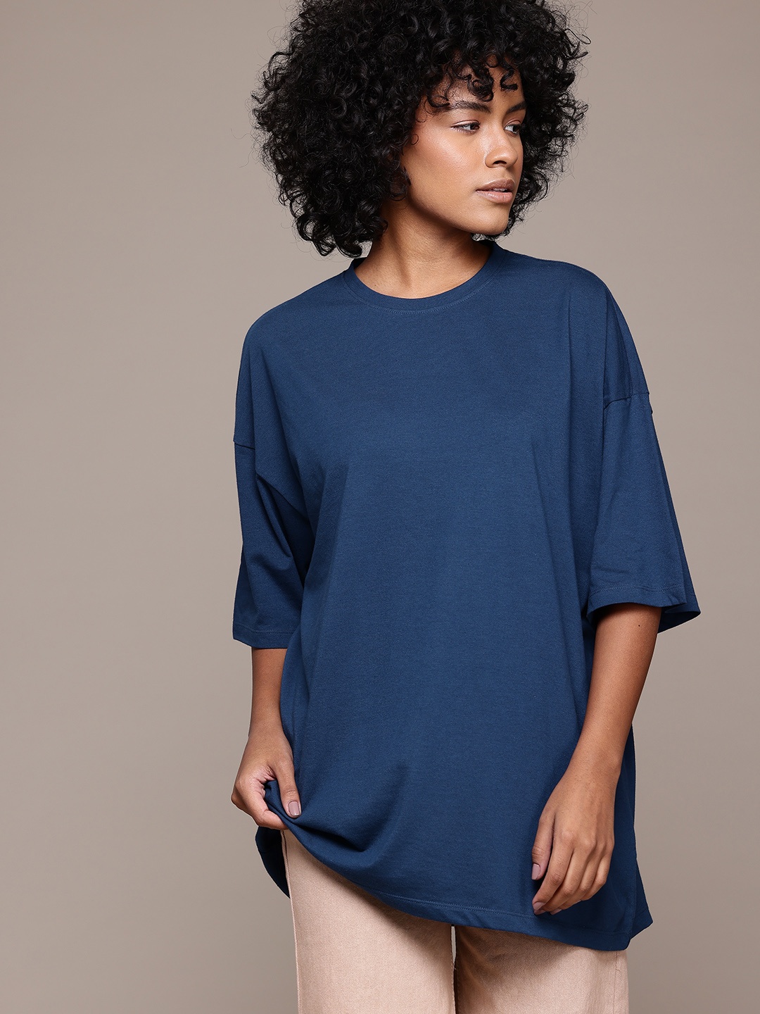 

Roadster Drop-Shoulder Sleeves Oversized Longline T-shirt, Navy blue