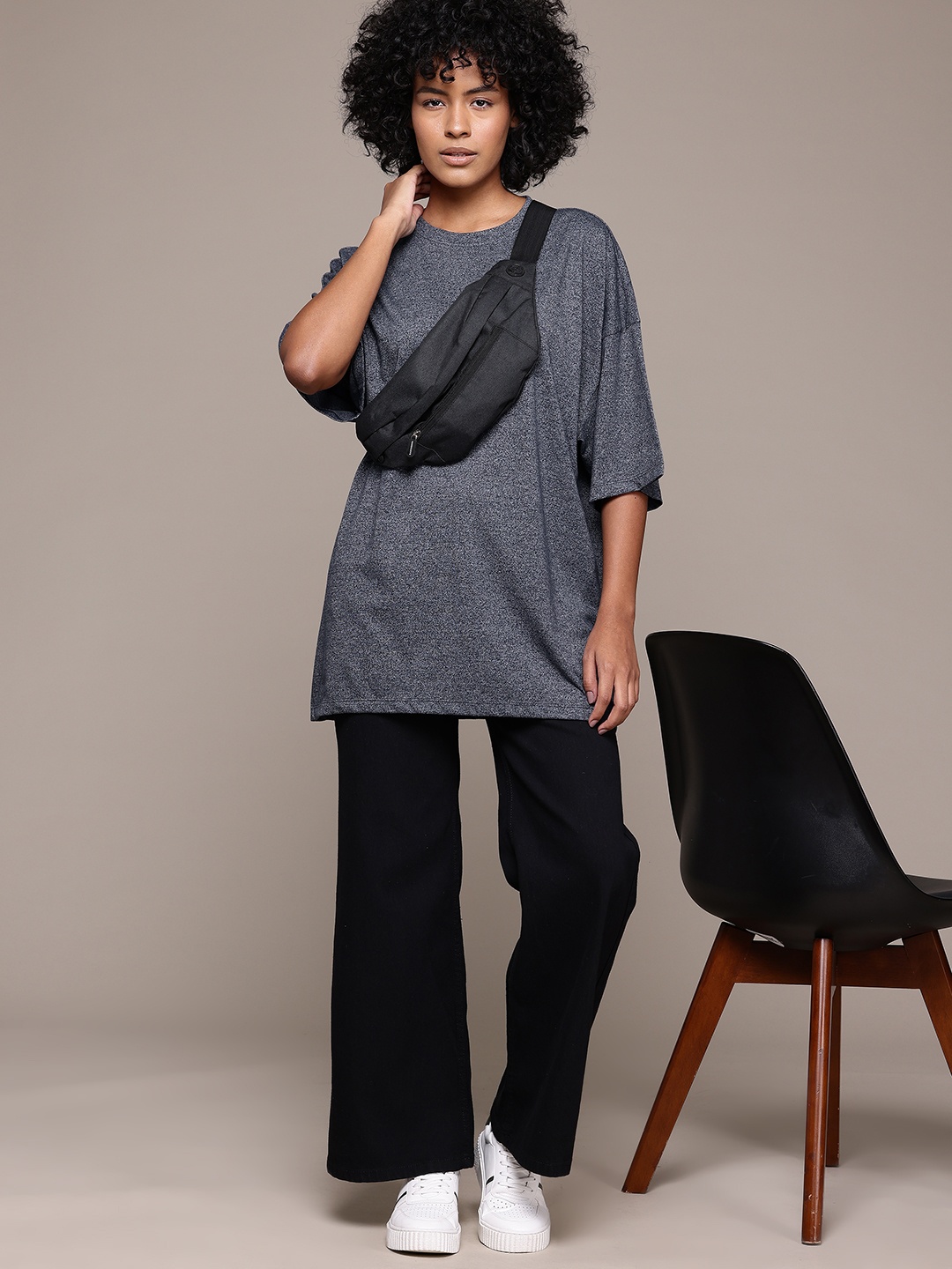 

Roadster Drop-Shoulder Sleeves Oversized Longline T-shirt, Navy blue