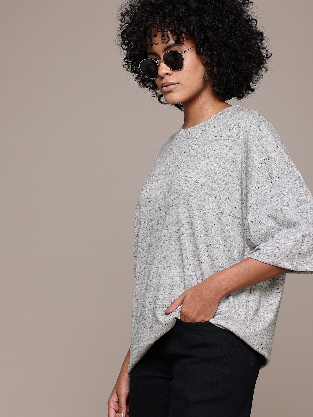 

Roadster Drop-Shoulder Sleeves Oversized Longline T-shirt, Grey melange