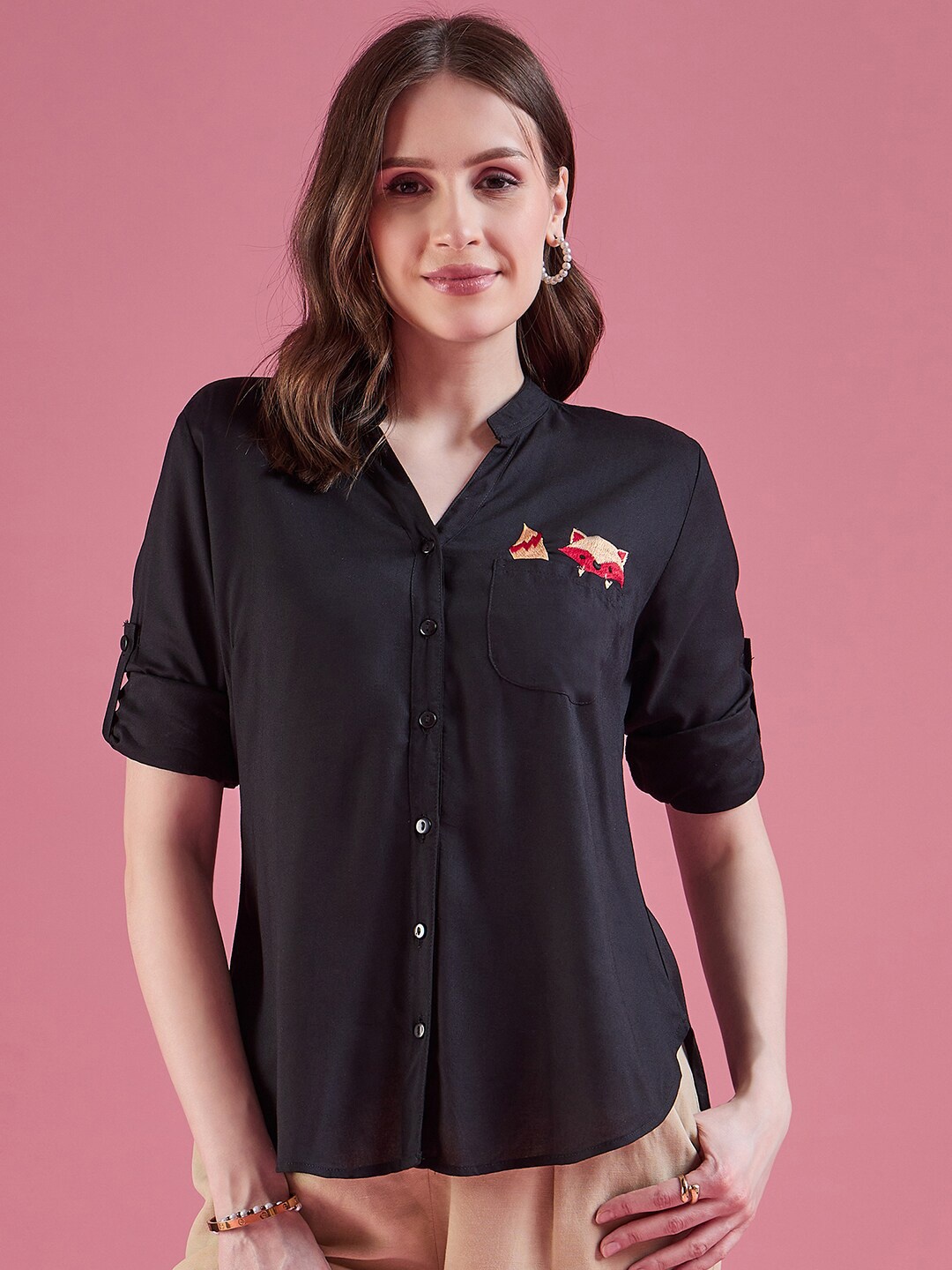 

DressBerry Black Classic Mandarin Collar Roll-Up Sleeves Casual Shirt