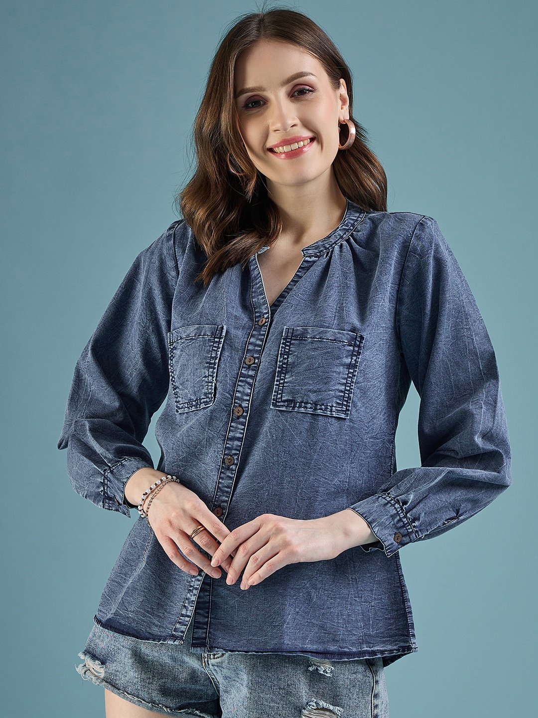 

DressBerry Blue Classic Mandarin Collar Casual Shirt