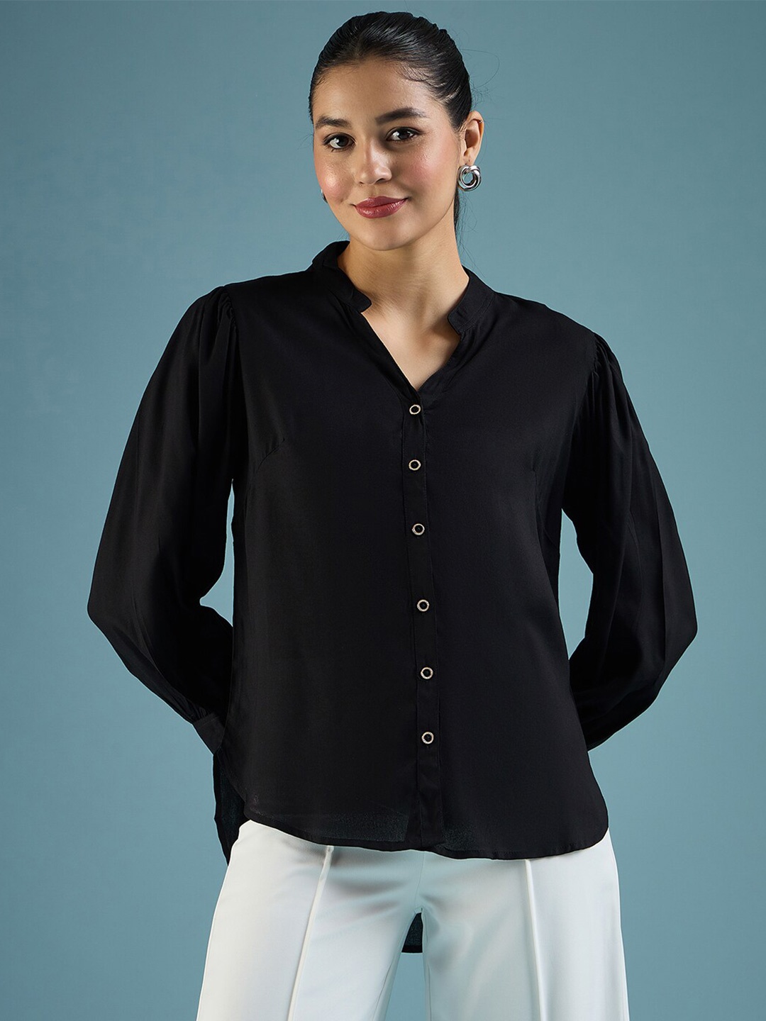 

DressBerry Black Classic Mandarin Collar Casual Shirt