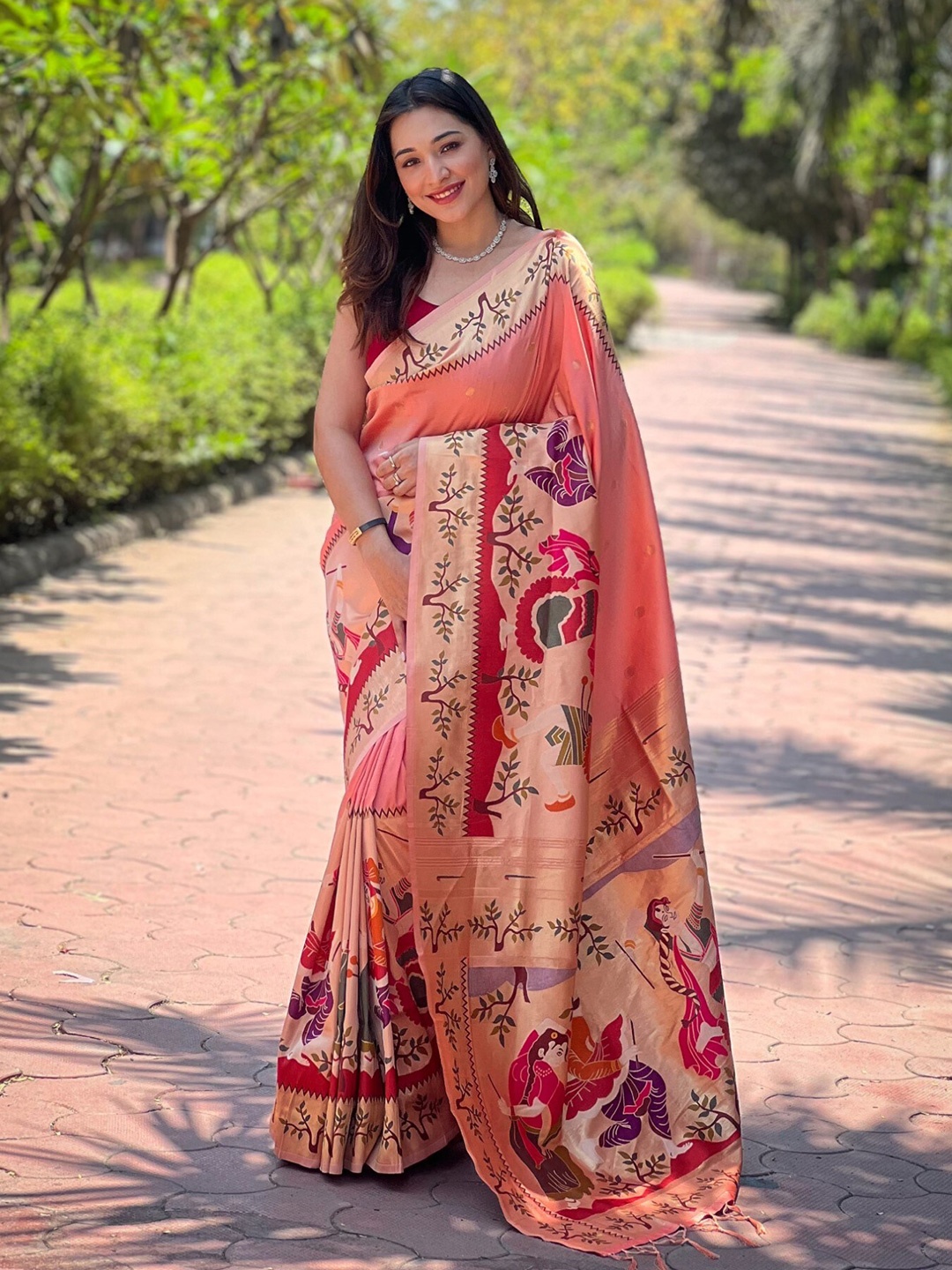 

Mitera Woven Design Zari Paithani Saree, Peach