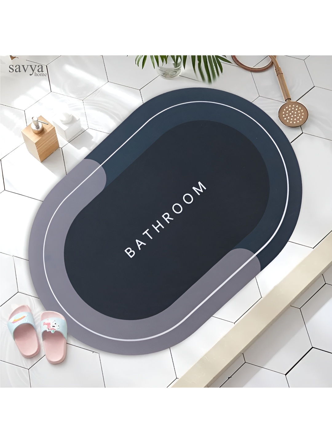 

Savya Home Dark Blue & Grey Colourblocked Anti Slid Oval Bath Mat
